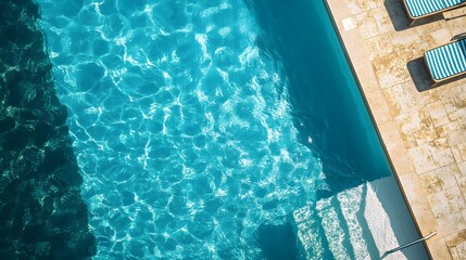 aerial view of sparkling pool and lounge chairs