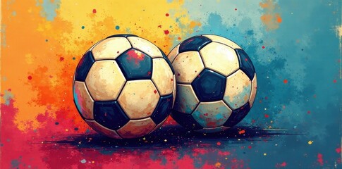 Grunge backdrop, two dynamically sketched soccer balls intertwined , chaos, white