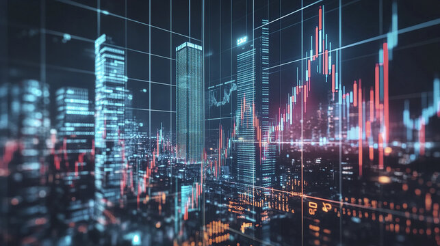 futuristic cityscape with financial graphs overlaying skyline