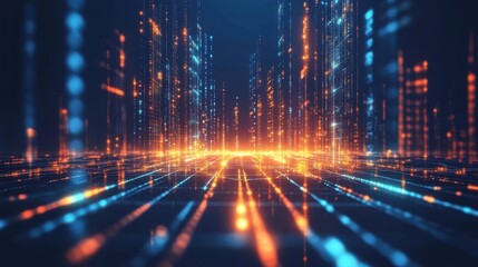 A cityscape with a blue sky and orange and blue lights. The lights are arranged in a way that creates a sense of depth and movement. Scene is energetic and dynamic