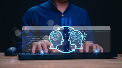 Innovating Artificial Intelligence Technology Concept, innovative process and connection between human programming skills and artificial intelligence technology, symbolizing collaboration, innovation