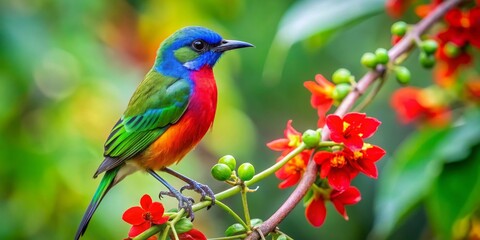 Obraz premium Vibrant tropical bird perched on a branch adorned with scarlet blossoms, showcasing its iridescent plumage in a lush green environment