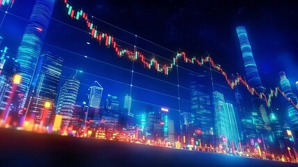 Futuristic finance market analysis chart. Digital stock graph with financial decline. Background features a colorful cityscape, ideal for business and investment visuals. Modern, digital template for