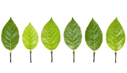 Fototapeta premium Green leaves arranged horizontally on white background