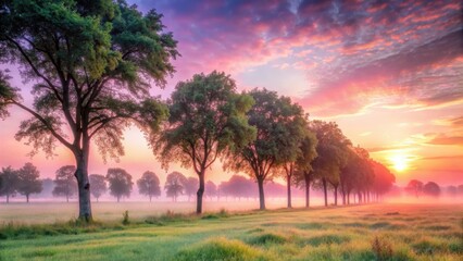 Obraz premium Soft pink hues of sunrise peeking through tall trees in a serene landscape with gentle breeze rustling leaves and dew-kissed grass, nature, tree-lined field
