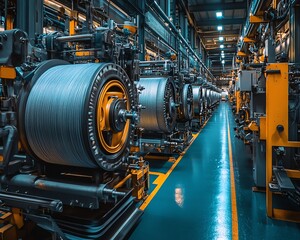 Fototapeta premium A detailed view of industrial looms weaving yarn, showcasing the intricate machinery of textile production, vibrant threads, hightech factory setting