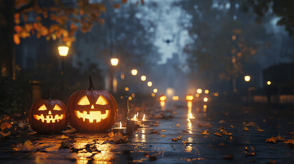 Obraz premium Glowing Jack o lanterns on foggy Halloween night create eerie atmosphere
