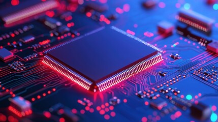 A close-up view of a microchip on a circuit board illuminated with red lights, highlighting the intricate design and technology.