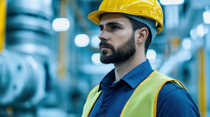 Obraz premium A professional man in a yellow hard hat and safety vest stands in an industrial environment, showcasing focus and determination.