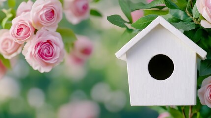 White Birdhouse among Blooming Pink Roses in a Garden