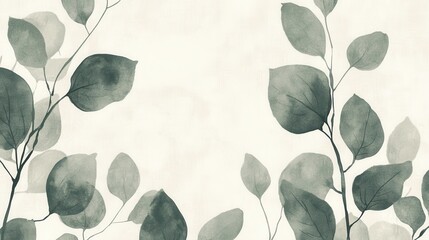 Soft eucalyptus branches spreading watercolor leaves against neutral backdrop, presenting delicate botanical elegance with minimalist design