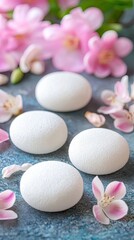 Spa stones, pink flowers, wellness, relaxation, serenity, beauty, treatment, calm, closeup, stock photo
