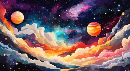 Naklejka premium A painting of two planets in space with a colorful sky. The mood of the painting is peaceful and serene