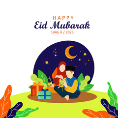 Abstract Eid Mubarak 2025 Greeting Card with Asian Mom and Son Making Ketupat Together. Design with Festive Decoration and Playful Color Combination. Happy Idul Fitri with Family Story