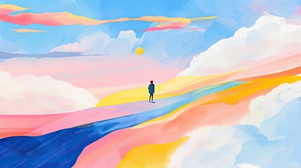 Contemplative journey through vibrant skies landscape digital artwork serene environment elevated perspective