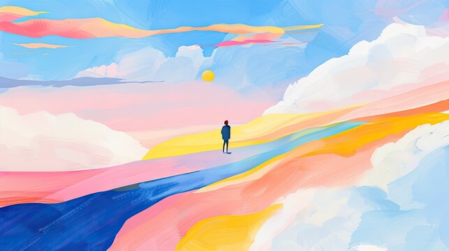Contemplative journey through vibrant skies landscape digital artwork serene environment elevated perspective