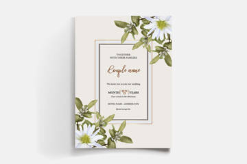 WEDDING INVITATION FRAME WITH FLOWER DECORATIONS AND FRESH LEAVES