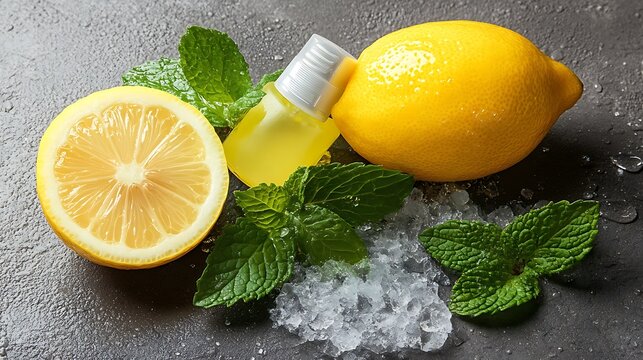 Lemon elixir with ice and mint, refreshment, gray table