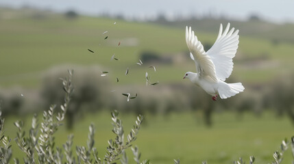 A White Dove Soaring Above a Tranquil Battlefield: Olive Branches and the Dawn of Lasting Peace