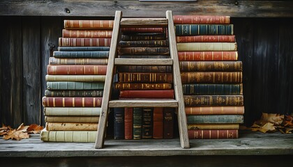 Books stacked high with a wooden ladder beside them, symbolizing the climb of knowledge and educational growth, inviting colors, scholarly focus