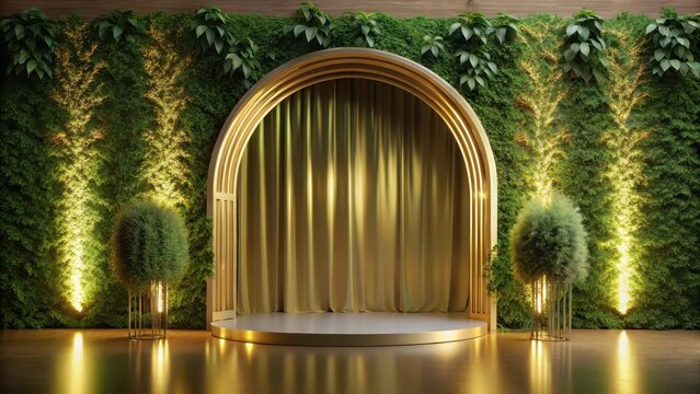 Elegant golden arch stage with soft lighting and lush greenery backdrop for luxurious events, creating an atmosphere of sophistication and glamour , soft lighting, high end event