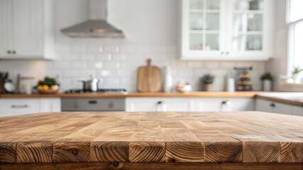 End grain wood counter table top on blur white minimal kitchen background.For montage product display or design key visual