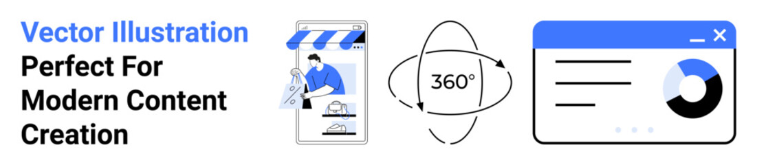 Mobile storefront with blue awning, 360-degree graphic motion icon, web dashboard with analytics. Ideal for marketing, data, e-commerce, tech, online tools, innovation flat landing page banner