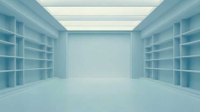empty modern room with built-in bookshelves and bright lighting