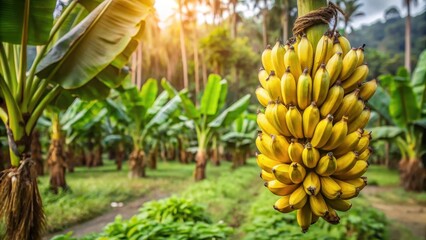 Fototapeta premium Cluster of ripe bananas hanging from a tree in an Indonesian plantation, brown, nature, brown, nature, orchard