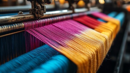 Closeup of industrial looms weaving yarn, symbolizing advanced machinery and textile production, vibrant threads, intricate manufacturing process