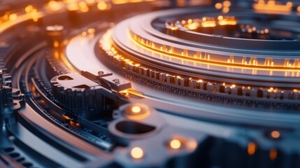 Complex mechanical structure featuring intricate gears and glowing elements