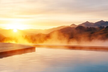 Fototapeta premium A luxurious spa with an infinity hot spring pool overlooking a serene valley at sunrise