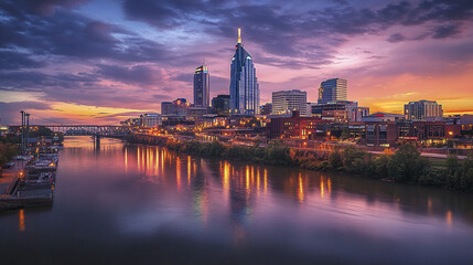 Fototapeta premium glowing Nashville skyline at sunset reflects on river