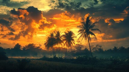 Golden hour at tropical paradise with palm trees and vibrant cloudy sky