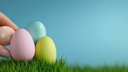Woman's Hand Arranging Pastel Easter Eggs on Green Grass Against a Light Blue Background