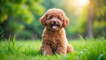 Fototapeta premium Adorable playful red toy poodle puppy sitting on lush green grass with a happy expression, surrounded by nature , outdoor