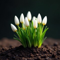 Fototapeta premium Clump of pristine white flowers pushing through dark soil , petals, image