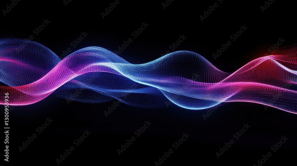 Poster abstract wave patterns created with colorful glowing particles on black background