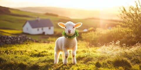 Fluffy White Lamb in a Sunlit Irish Countryside