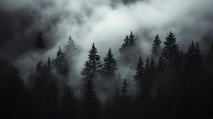 Fototapeta premium haunting mountain forest shrouded in thick fog creates eerie atmosphere