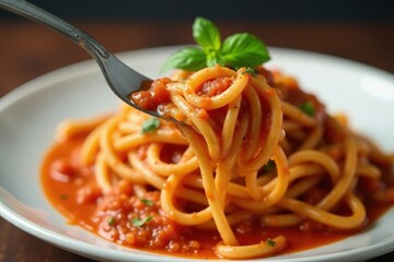 Spaghetti coated in vibrant tomato sauce, elegantly twirled on a fork , close-up, white, appetizing