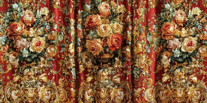 Crimson Tapestry of Floral Elegance: Intricate tapestry showcases vibrant bouquets of roses and other flowers against a rich, ornate red background, creating a sense of lavishness.