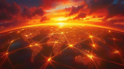 Digital global network with interconnected lines. Global communication illuminated by glowing nodes. Technology horizon under sunset sky in abstract world. Modern innovation in globalisation.