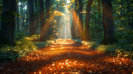 Obraz premium Serene forest pathway illuminated by sunlight, with dappled light creating a magical atmosphere