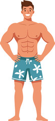 Athletic man standing confidently in beach shorts with a smile, minimalistic style, showcasing fitness and summer vibes in vibrant vector illustration