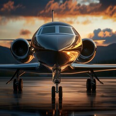 Fototapeta premium Reflective Private Jet on Runway at Sunset