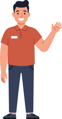 Fototapeta premium Friendly young man in a casual orange polo shirt waving with a bright smile in a minimal vector illustration