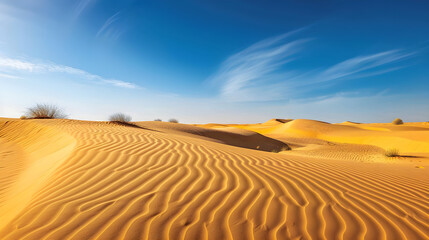 Golden Sands Stretch Across the Horizon Under a Clear Blue Sky, Creating Tranquil Dunes That Evoke a Sense of Infinite Serenity and Timelessness