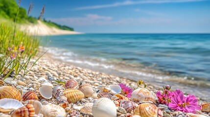 Exquisite beachscape with vibrant flowers and scattered seashells on golden sand, overlooking a stunning azure ocean under a pristine blue sky.