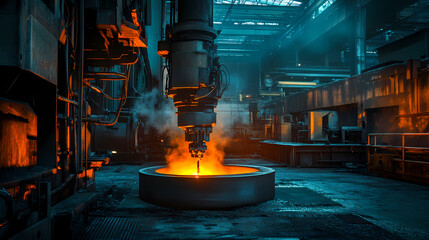 Large Industrial Machine in Dark Factory with Fire and Smoke